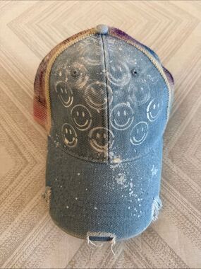 Handmade Distressed Denim Trucker Hat Smiley Face Paint Splatter Mesh Snapback